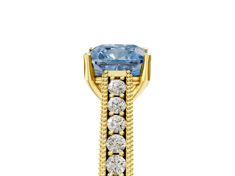 Yellow gold Fancy Blue Cushion Cut Cut Pave Band Milgrain Solitaire Ring_5