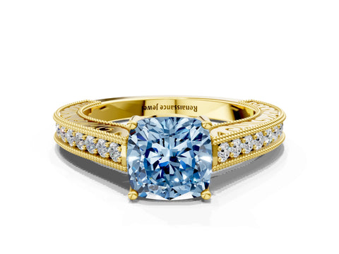 Yellow gold Fancy Blue Cushion Cut Cut Pave Band Milgrain Solitaire Ring