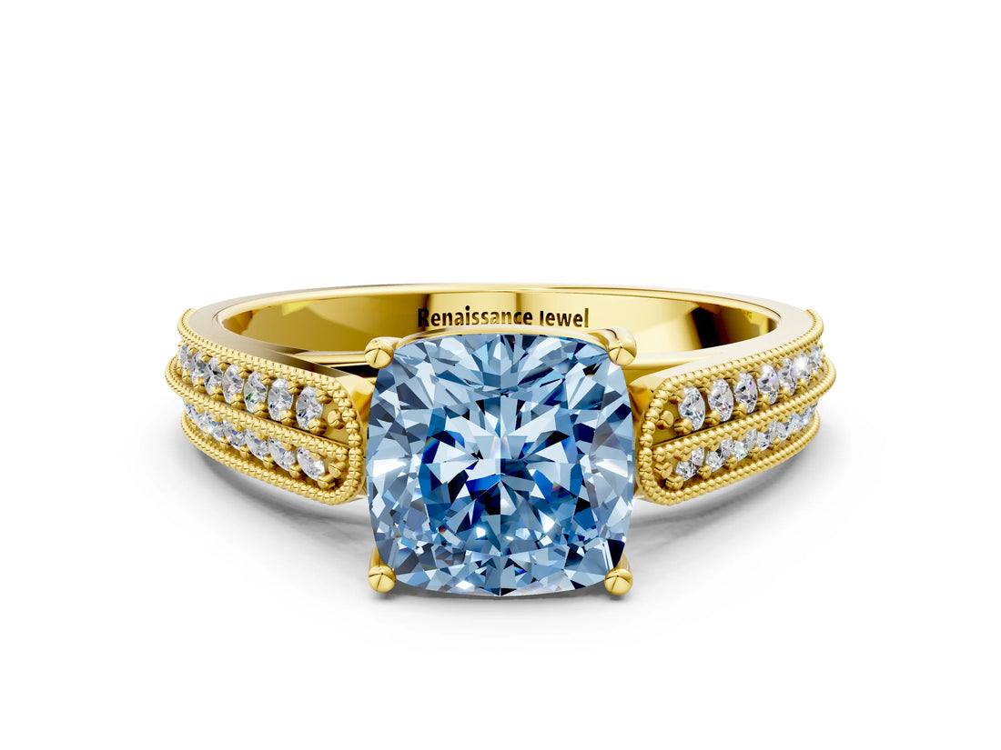 Yellow gold Fancy Blue Cushion Cut Cut Pave Split Shank Engagement Ring with Four-Prong Setting
