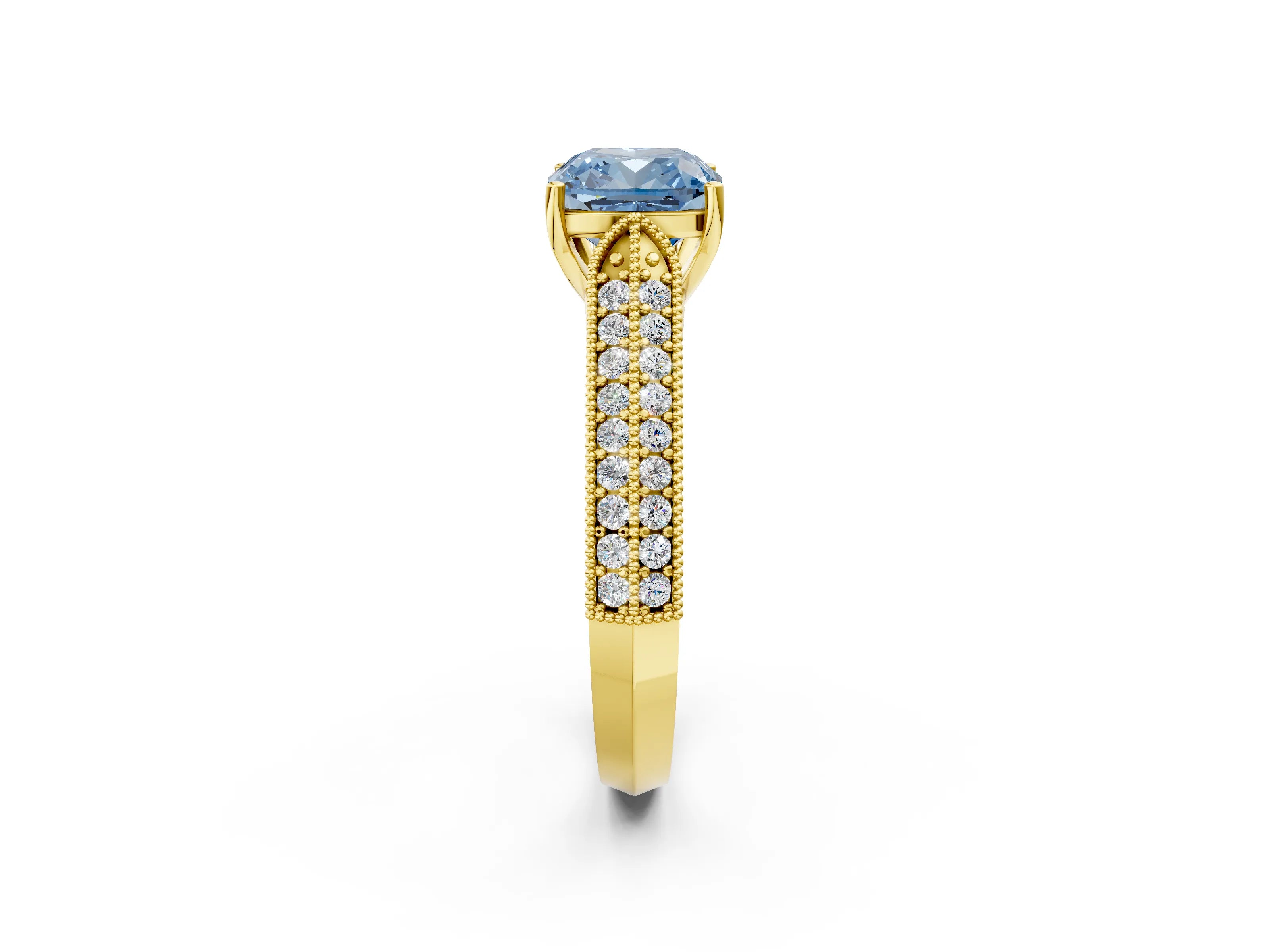 Yellow gold Fancy Blue Cushion Cut Cut Pave Split Shank Engagement Ring with Four-Prong Setting_2