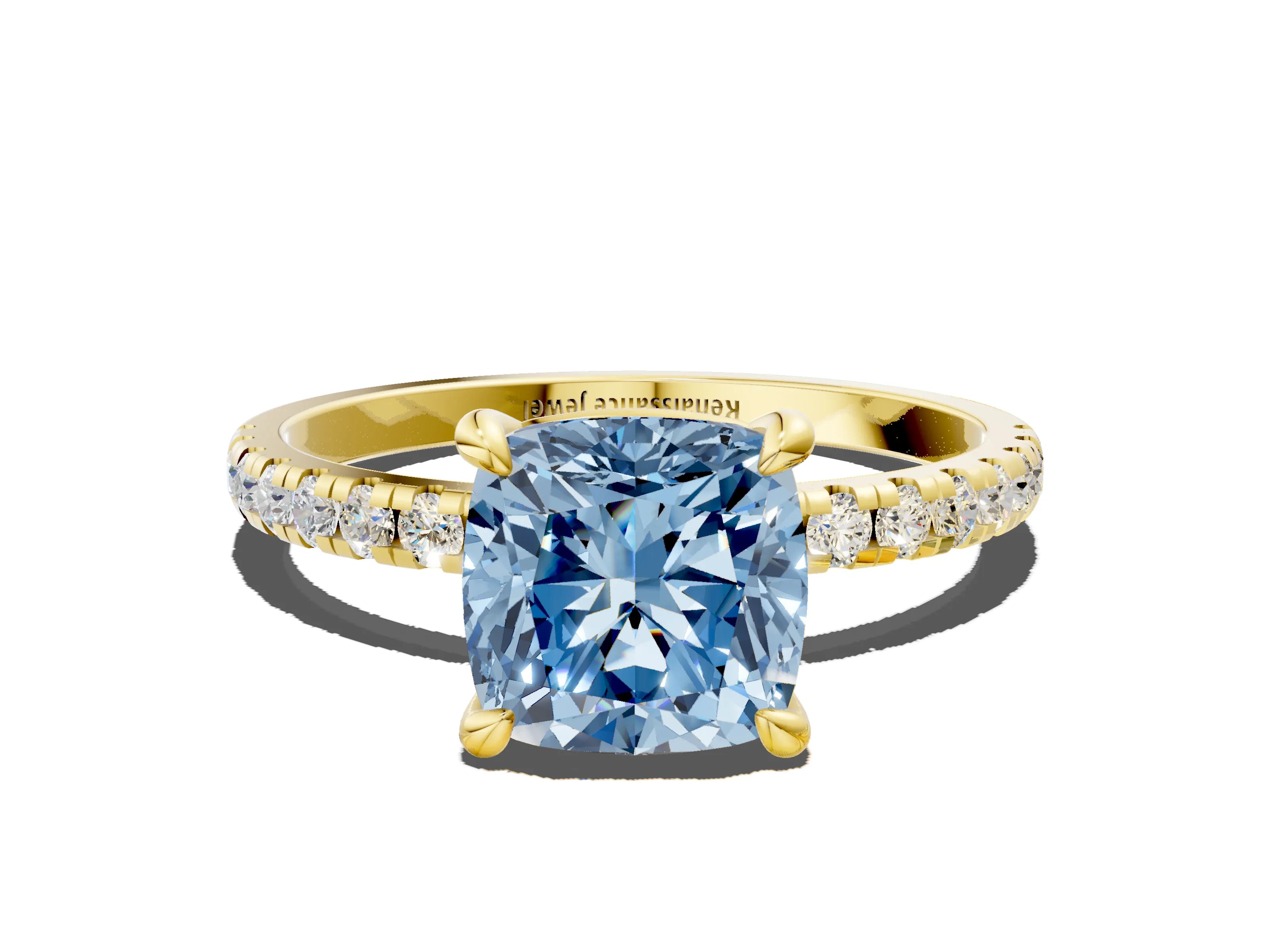 Yellow gold Fancy Blue Cushion Cut Diamond Brilliant Solitaire Ring with Pavé Band and Four-Prong Setting