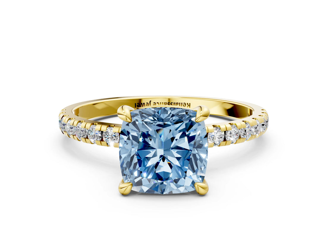 Yellow gold Fancy Blue Cushion Cut Diamond Brilliant Solitaire Ring with Pavé Band and Four-Prong Setting_12