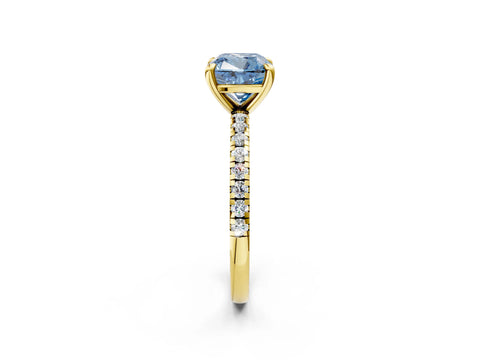 Yellow gold Fancy Blue Cushion Cut Diamond Brilliant Solitaire Ring with Pavé Band and Four-Prong Setting_2