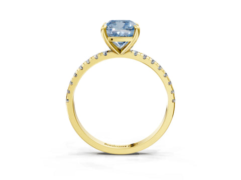 Yellow gold Fancy Blue Cushion Cut Diamond Brilliant Solitaire Ring with Pavé Band and Four-Prong Setting_3