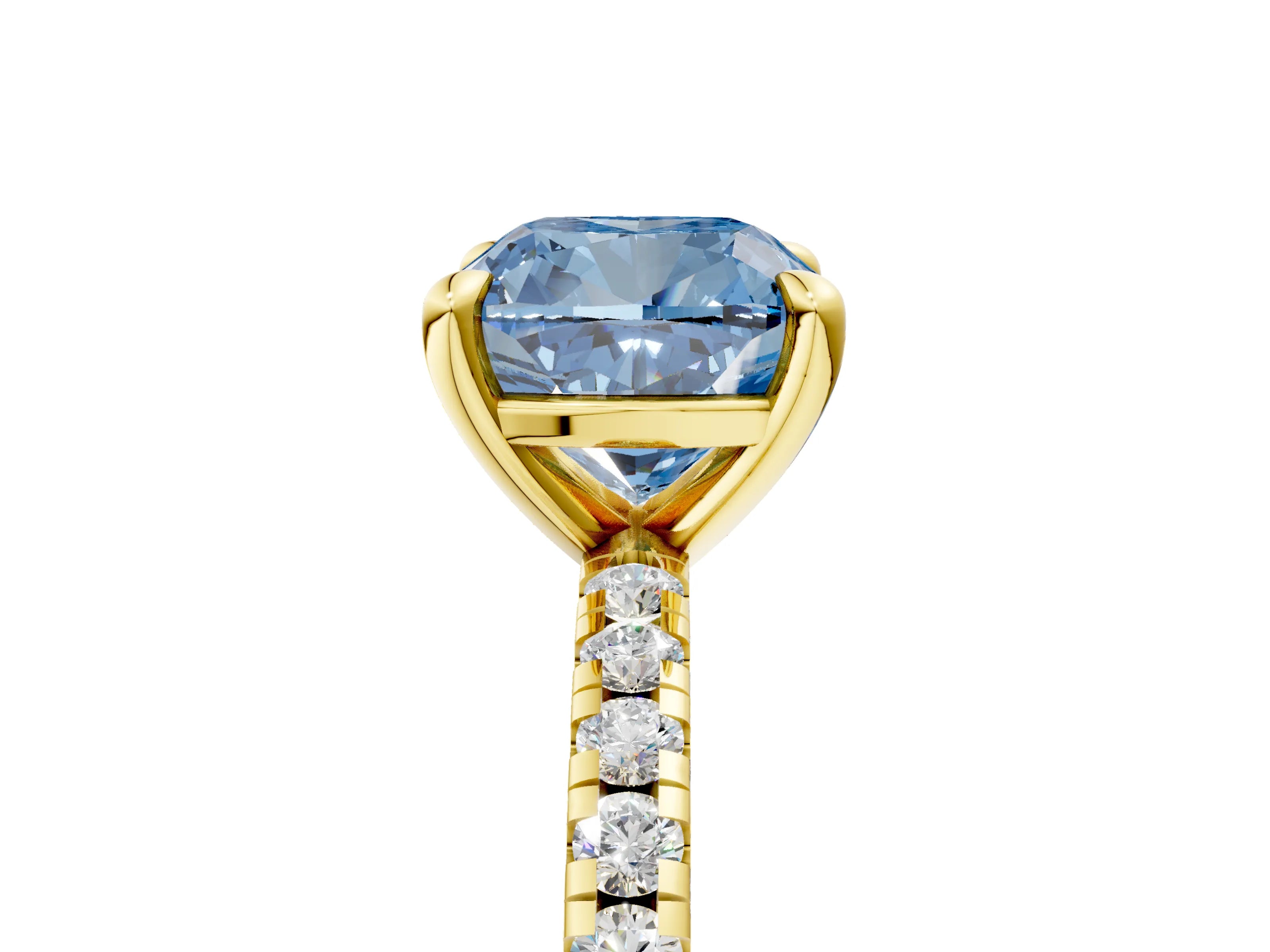 Yellow gold Fancy Blue Cushion Cut Diamond Brilliant Solitaire Ring with Pavé Band and Four-Prong Setting_5