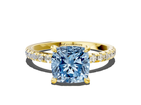 Yellow gold Fancy Blue Cushion Cut Diamond Brilliant Solitaire Ring with Pavé Band and Four-Prong Setting