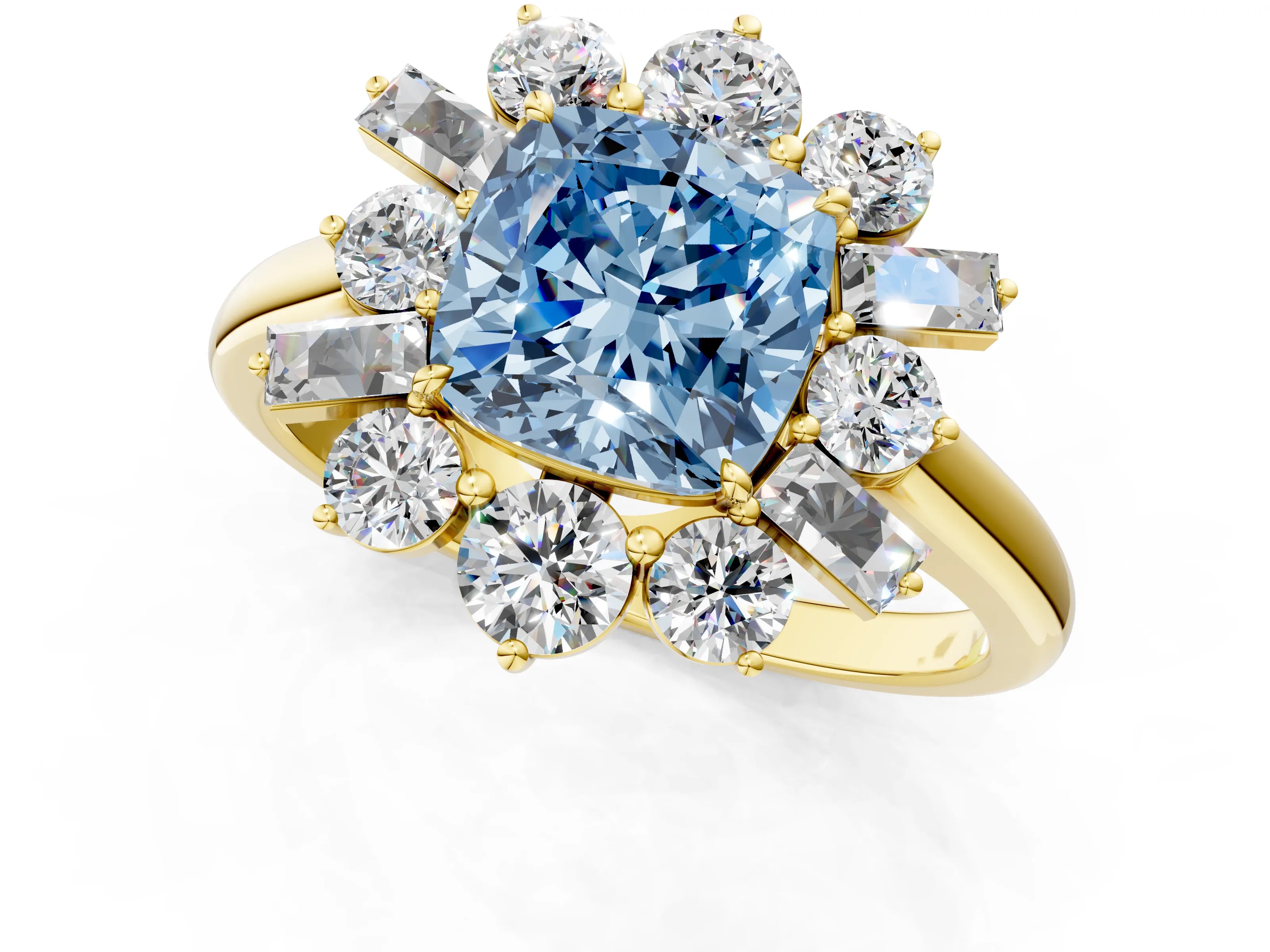 Yellow gold Fancy Blue Cushion Cut Diamond Cluster Ring with Round and Baguette Stones, Split Shank Band, Prong Setting_1