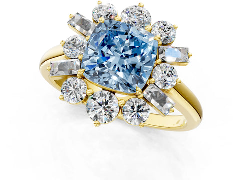 Yellow gold Fancy Blue Cushion Cut Diamond Cluster Ring with Round and Baguette Stones, Split Shank Band, Prong Setting_1