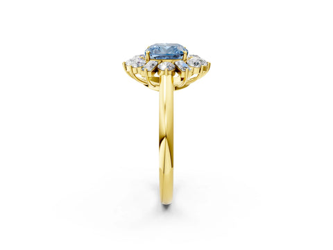 Yellow gold Fancy Blue Cushion Cut Diamond Cluster Ring with Round and Baguette Stones, Split Shank Band, Prong Setting_2