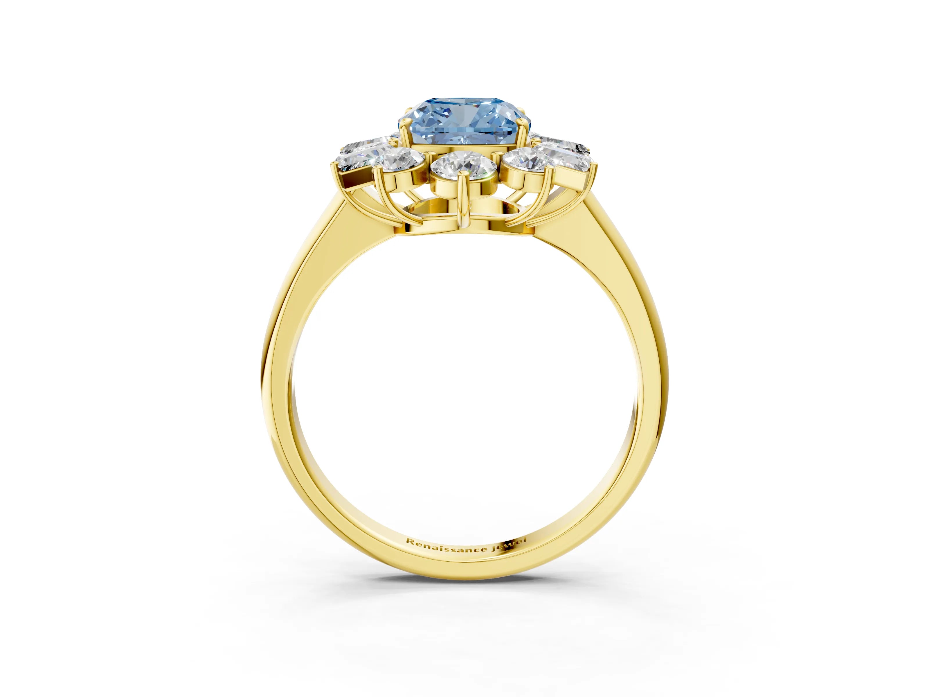 Yellow gold Fancy Blue Cushion Cut Diamond Cluster Ring with Round and Baguette Stones, Split Shank Band, Prong Setting_3