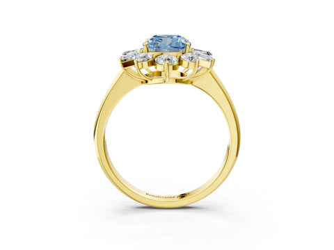 Yellow gold Fancy Blue Cushion Cut Diamond Cluster Ring with Round and Baguette Stones, Split Shank Band, Prong Setting_3