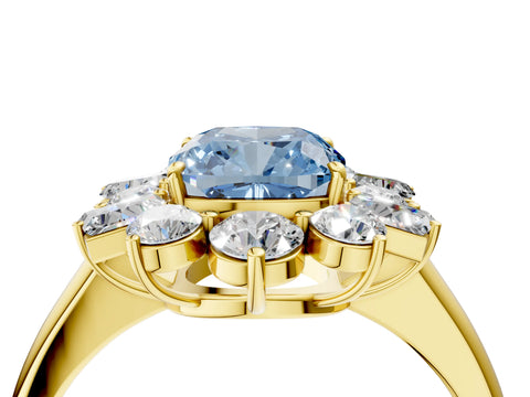Yellow gold Fancy Blue Cushion Cut Diamond Cluster Ring with Round and Baguette Stones, Split Shank Band, Prong Setting_4