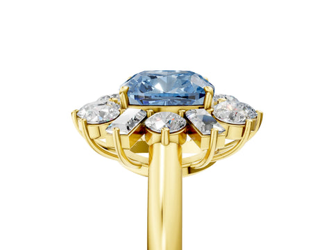 Yellow gold Fancy Blue Cushion Cut Diamond Cluster Ring with Round and Baguette Stones, Split Shank Band, Prong Setting_5