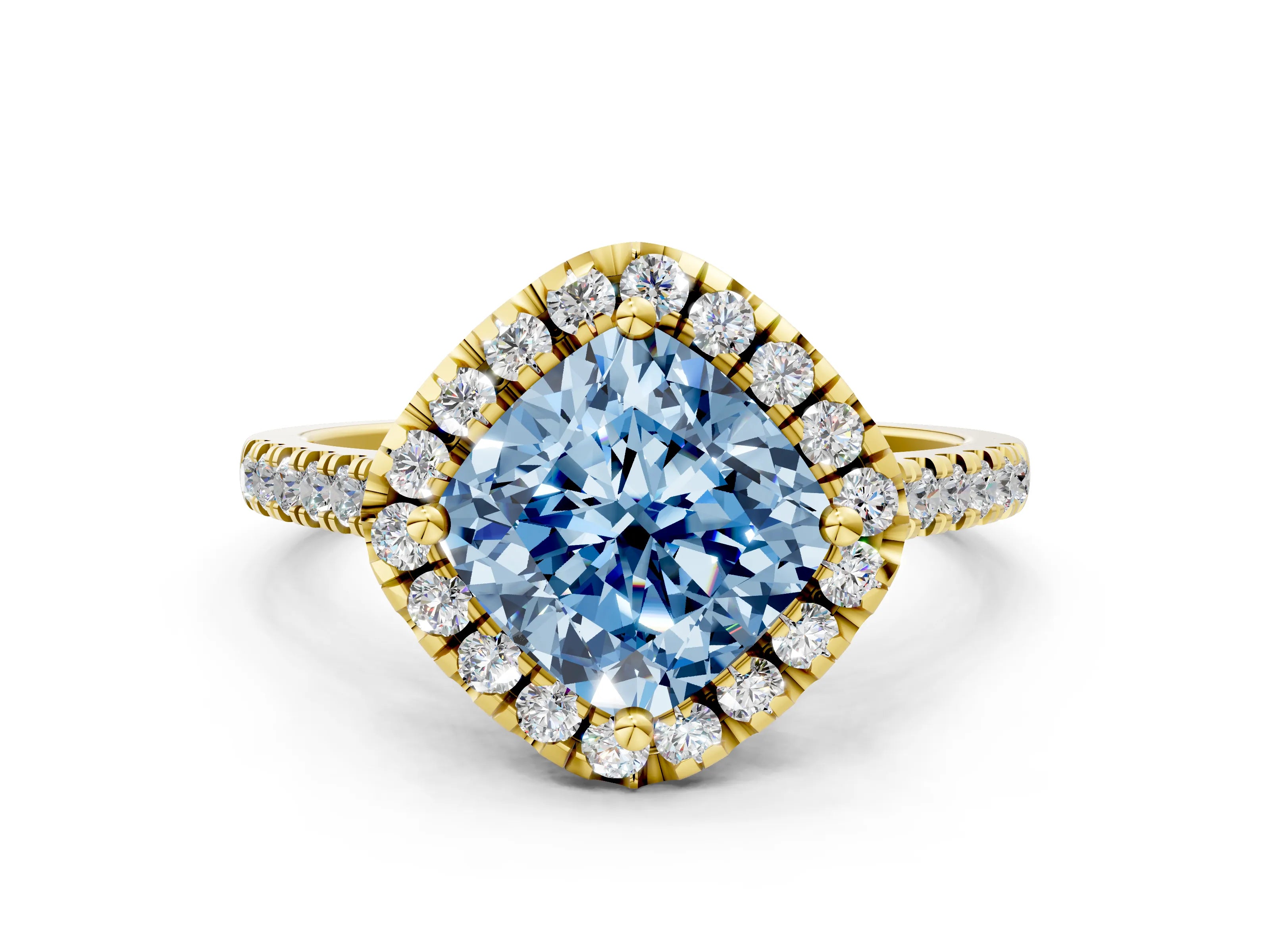 Yellow gold Fancy Blue Cushion Cut Diamond Cushion Halo Ring with Pavé Band