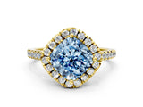 Yellow gold Fancy Blue Cushion Cut Diamond Cushion Halo Ring with Pavé Band