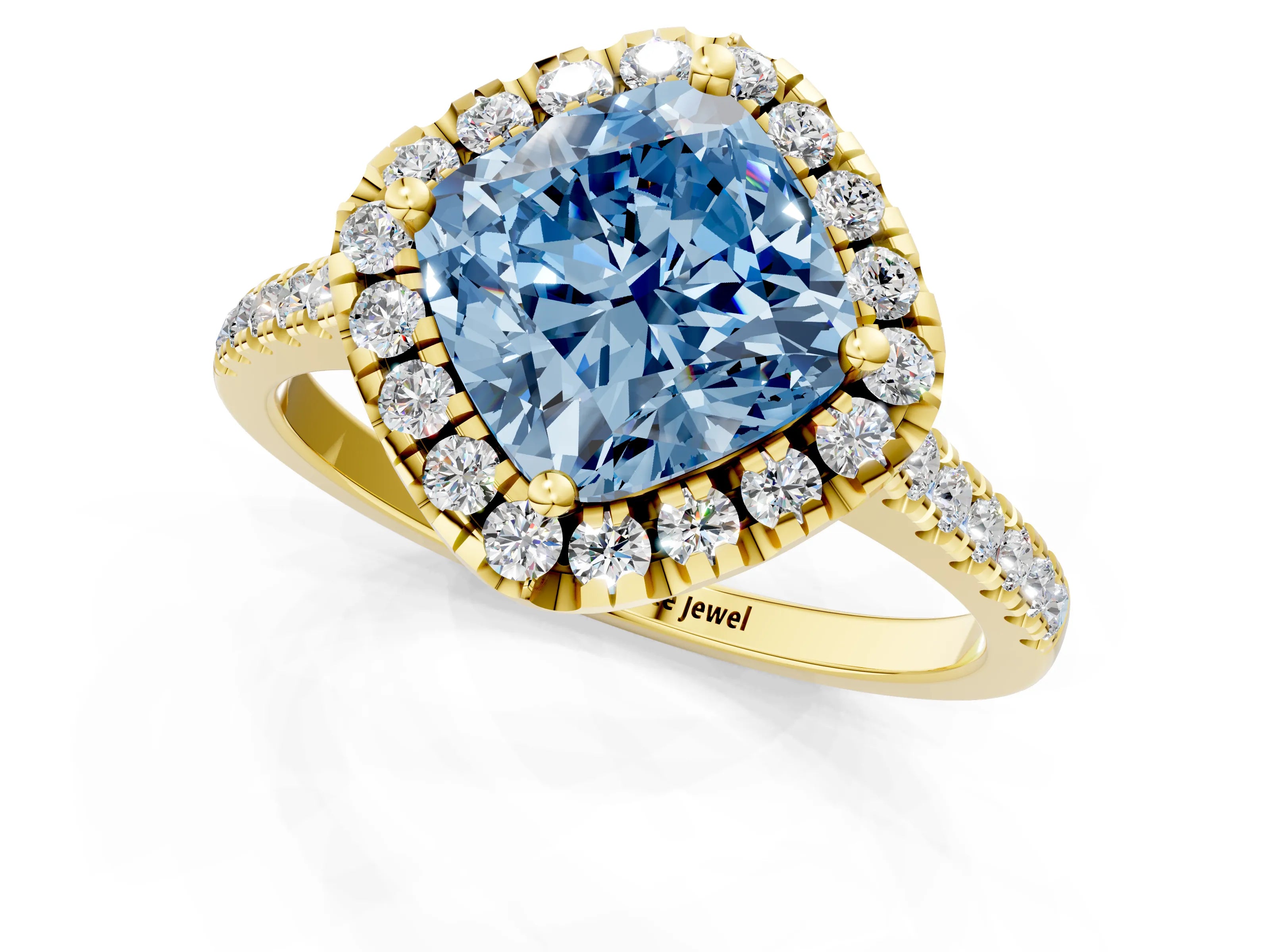 Yellow gold Fancy Blue Cushion Cut Diamond Cushion Halo Ring with Pavé Band_1