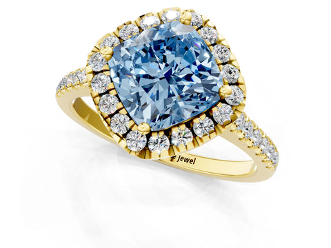 Yellow gold Fancy Blue Cushion Cut Diamond Cushion Halo Ring with Pavé Band_1