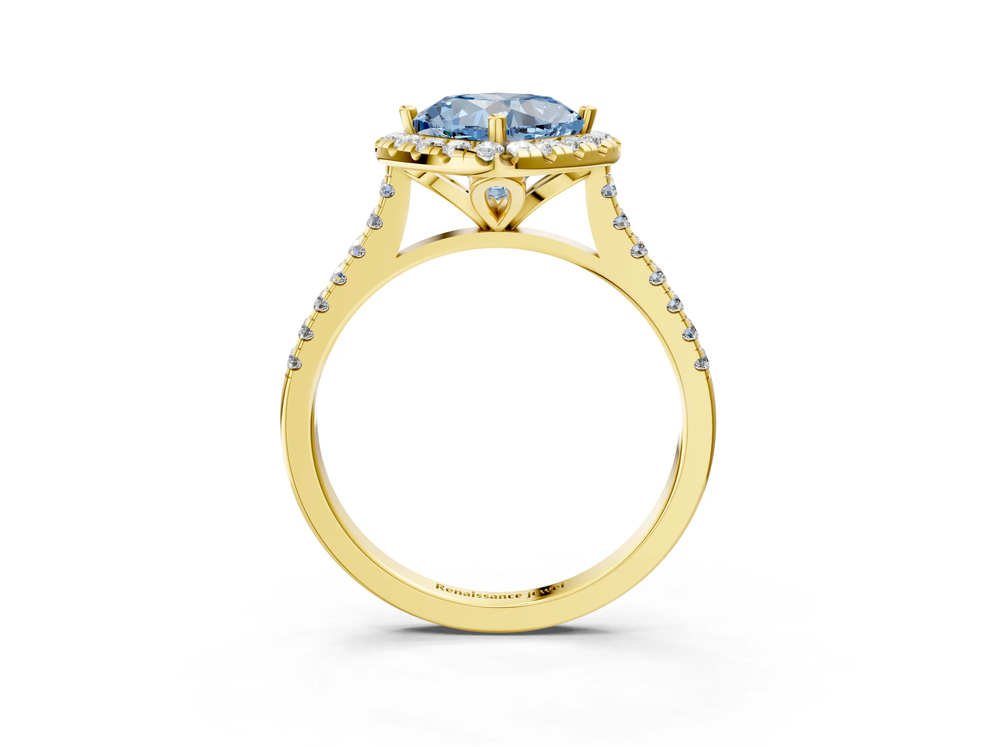 Yellow gold Fancy Blue Cushion Cut Diamond Cushion Halo Ring with Pavé Band_3