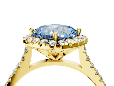 Yellow gold Fancy Blue Cushion Cut Diamond Cushion Halo Ring with Pavé Band_4