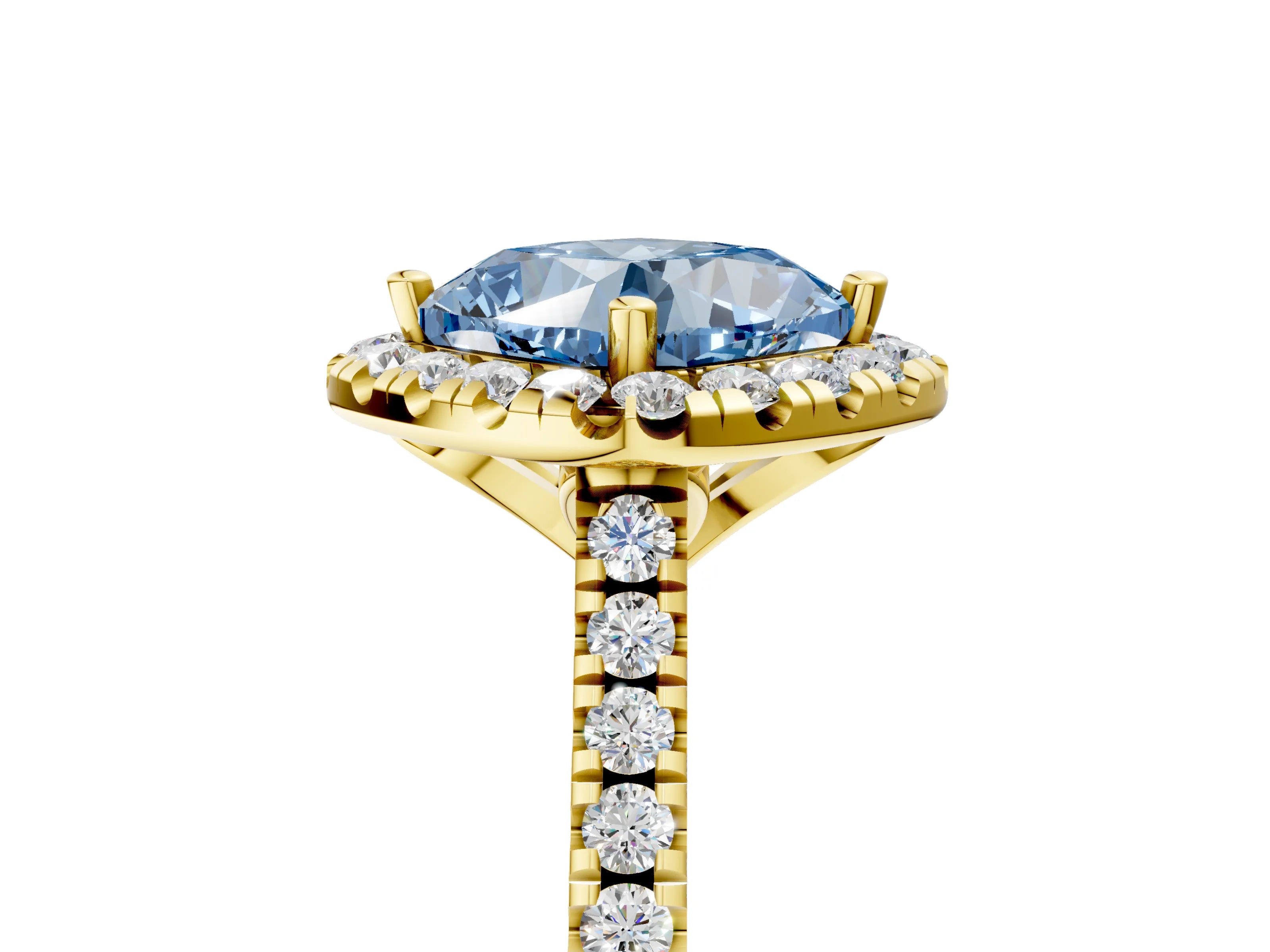 Yellow gold Fancy Blue Cushion Cut Diamond Cushion Halo Ring with Pavé Band_5