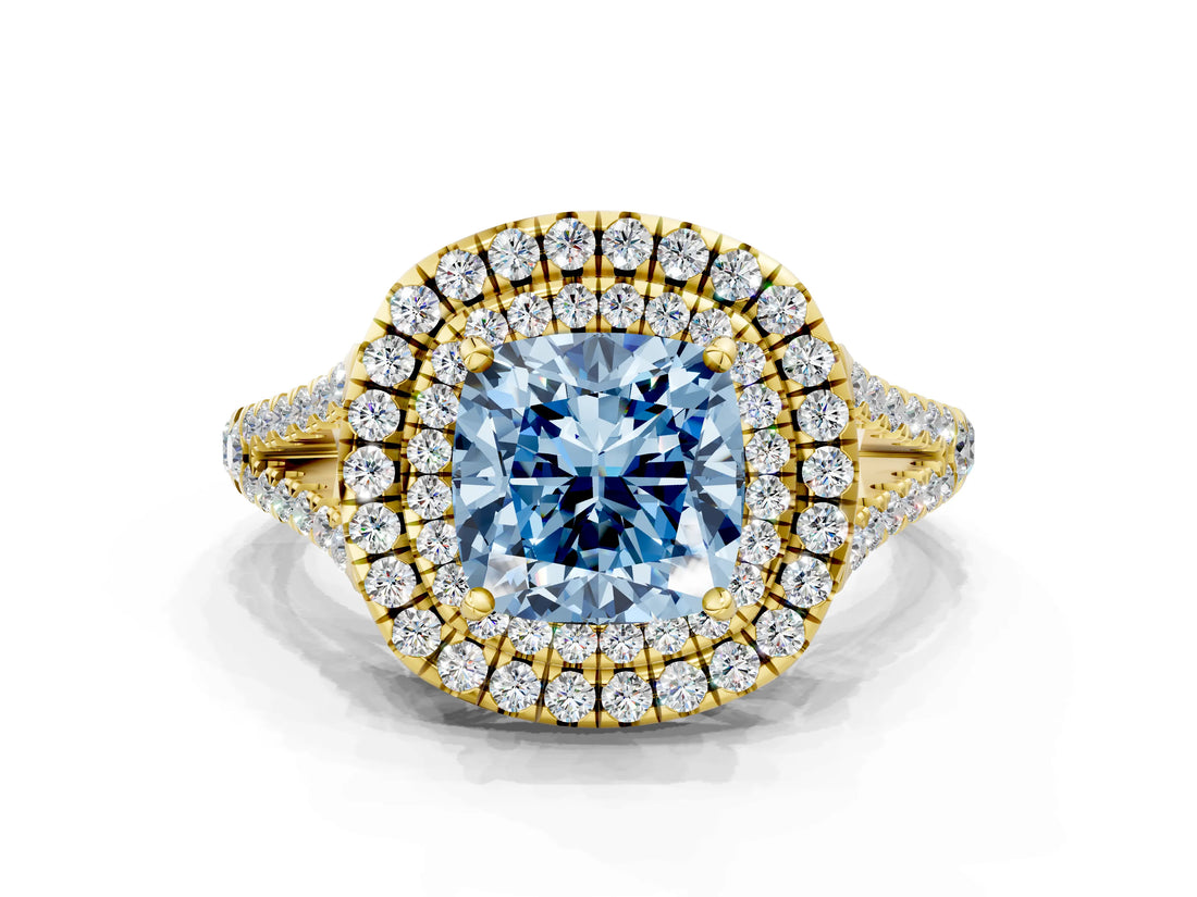 Yellow gold Fancy Blue Cushion Cut Diamond Double Halo Ring with Pavé Band and Prong Setting_58