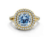 Yellow gold Fancy Blue Cushion Cut Diamond Double Halo Ring with Pavé Band and Prong Setting_58