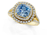 Yellow gold Fancy Blue Cushion Cut Diamond Double Halo Ring with Pavé Band and Prong Setting_59