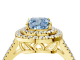Yellow gold Fancy Blue Cushion Cut Diamond Double Halo Ring with Pavé Band and Prong Setting_62
