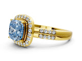 Yellow gold Fancy Blue Cushion Cut Diamond Double Halo Ring with Split Shank and Four-Prong Setting