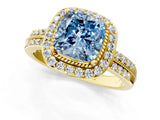 Yellow gold Fancy Blue Cushion Cut Diamond Double Halo Ring with Split Shank and Four-Prong Setting_1