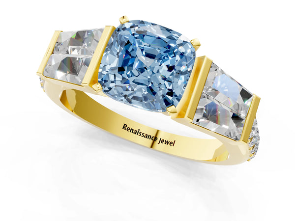 Yellow gold Fancy Blue Cushion Cut Diamond Engagement Ring with Baguette Side Stones and Channel Set Band