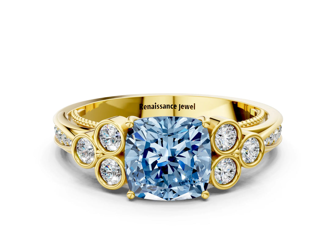 Yellow gold Fancy Blue Cushion  Cut Diamond Engagement Ring with Bezel Set Round Side Stones and Prong Setting_49