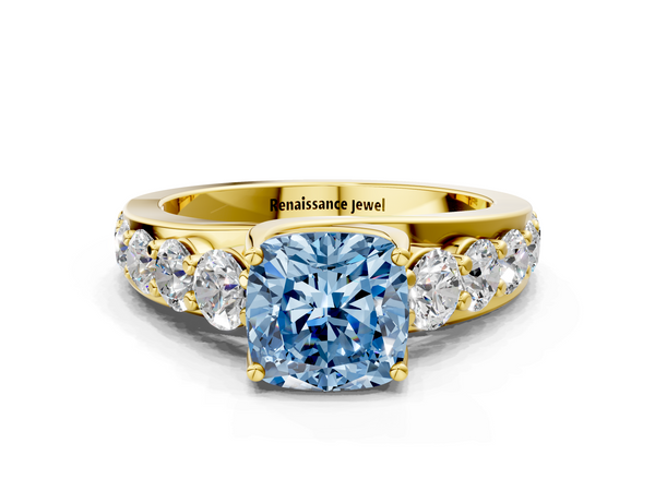 Yellow gold Fancy Blue Cushion Cut Diamond Engagement Ring with Pavé Band and Four-Prong Setting