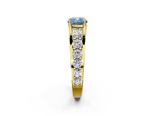 Yellow gold Fancy Blue Cushion Cut Diamond Engagement Ring with Pavé Band and Four-Prong Setting