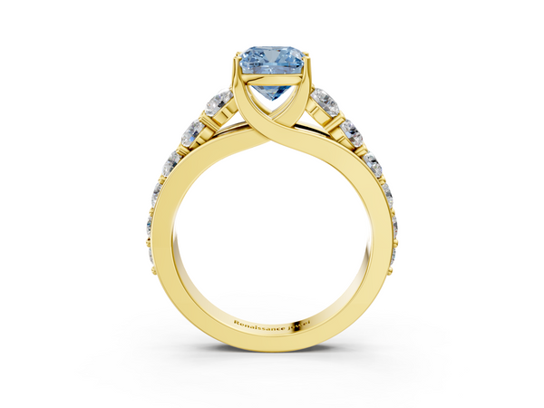 Yellow gold Fancy Blue Cushion Cut Diamond Engagement Ring with Pavé Band and Four-Prong Setting