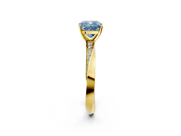 Yellow gold Fancy Blue Cushion Cut Diamond Engagement Ring with Side Stone Accents and Four-Prong Setting