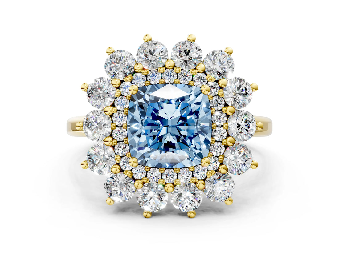 Yellow gold Fancy Blue Cushion Cut Diamond Floral Double Halo Engagement Ring with Prong Setting_24