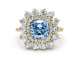 Yellow gold Fancy Blue Cushion Cut Diamond Floral Double Halo Engagement Ring with Prong Setting_84