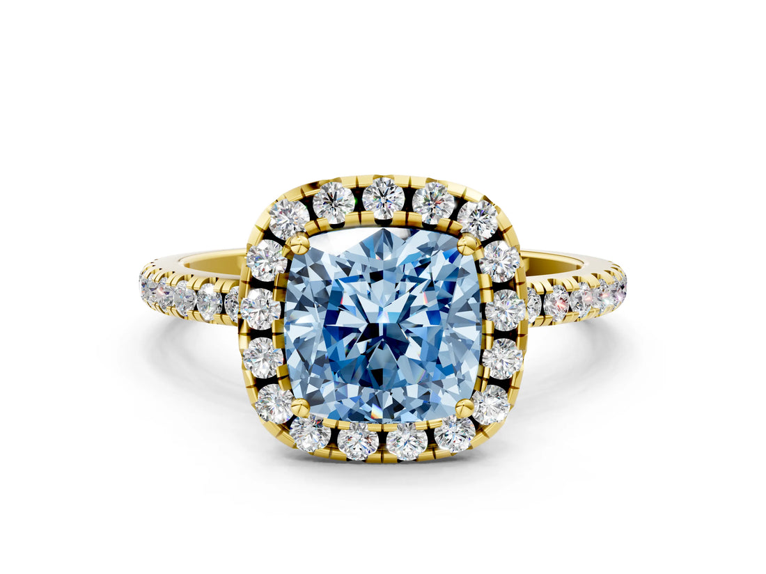 Yellow gold Fancy Blue Cushion  Cut Diamond Floral Halo Engagement Ring with Pavé Band and Prong Setting_37