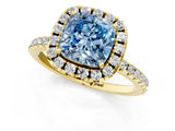 Yellow gold Fancy Blue Cushion  Cut Diamond Floral Halo Engagement Ring with Pavé Band and Prong Setting_38