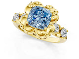 Yellow gold Fancy Blue Cushion  Cut Diamond Floral Halo Engagement Ring with Shared Prong Setting 1