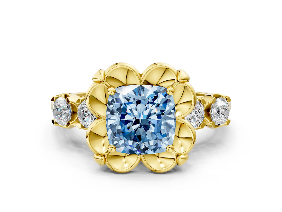Yellow gold Fancy Blue Cushion  Cut Diamond Floral Halo Engagement Ring with Shared Prong Setting