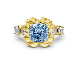 Yellow gold Fancy Blue Cushion  Cut Diamond Floral Halo Engagement Ring with Shared Prong Setting