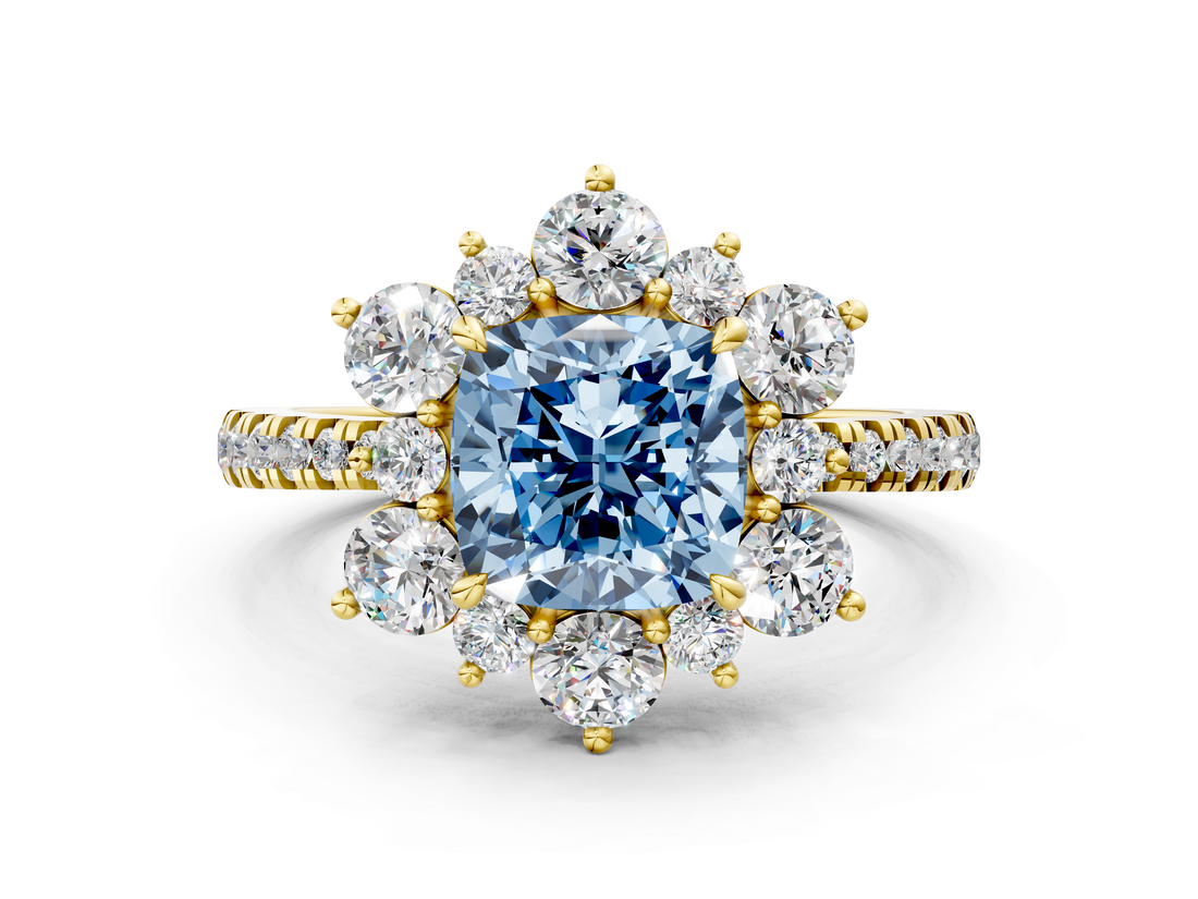 Yellow gold Fancy Blue Cushion  Cut Diamond Floral Halo Pave Band with Prong Setting_37