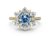 Yellow gold Fancy Blue Cushion  Cut Diamond Floral Halo Pave Band with Prong Setting_37