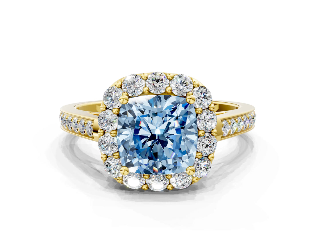 Yellow gold Fancy Blue Cushion Cut Diamond Floral Halo Ring with Pavé Band and Prong Setting_3