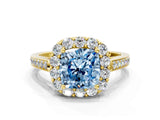 Yellow gold Fancy Blue Cushion Cut Diamond Floral Halo Ring with Pavé Band and Prong Setting_3