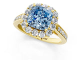 Yellow gold Fancy Blue Cushion Cut Diamond Floral Halo Ring with Pavé Band and Prong Setting_4