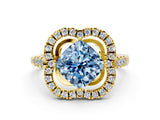 Yellow gold Fancy Blue Cushion Cut Diamond Floral Halo Split Shank Prong Setting Ring