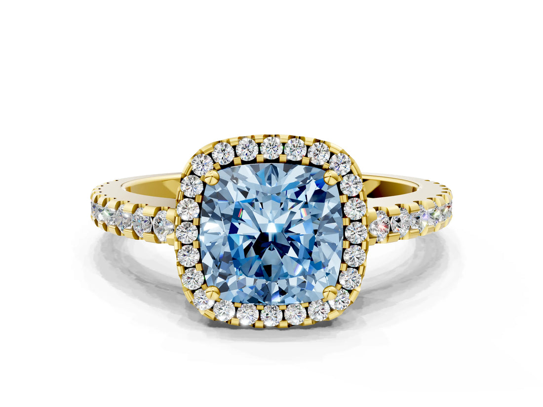 Yellow gold Fancy Blue Cushion Cut Diamond Halo Engagement Ring with Pavé Band and Prong Setting_27